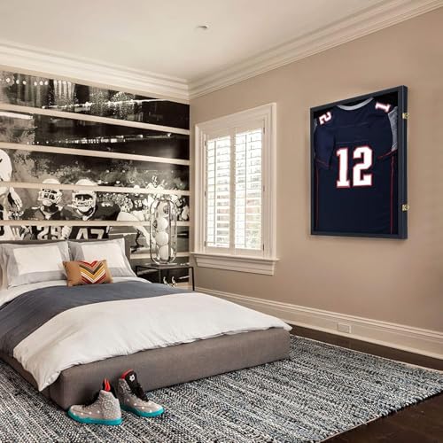 Black Jersey Display Frame Case Lockable, Sport Jersey Shadow Box with UV Protection Acrylic and Hanger for Baseball Basketball Football Soccer Hockey Shirt and Uniform, 80*60*4Cm