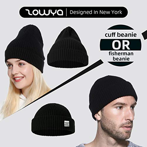 ZOWYA MENS WINTER KNIT BEANIE HAT, RIB WATCH CAP SKULL CAP WINTER SKI HAT FOR DAILY, 1 HAT 2 STYLE (BLACK)