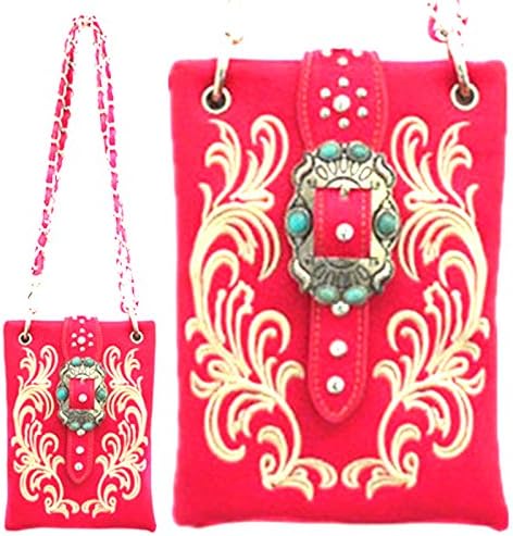 Turquoise stone beads belt buckle embroidery shoulder cross body messenger bag purse (pink)