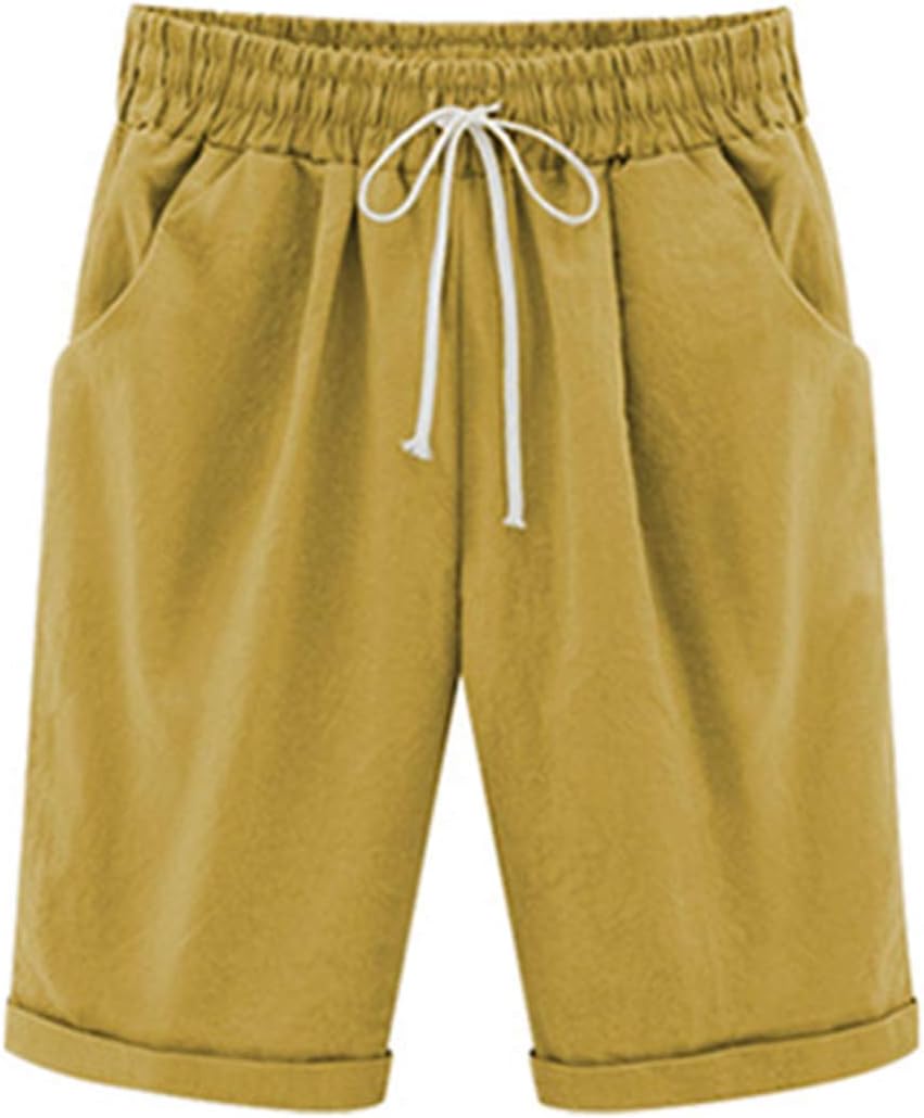 Women's Elastic Waist Knee Length Casual Cotton Bermuda Shorts with Drawstring