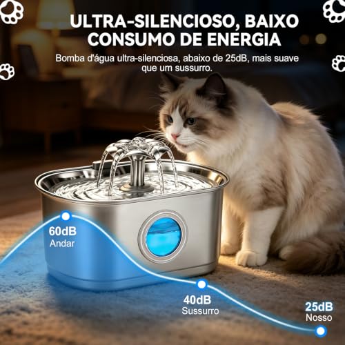Mstail Fonte de Água pra Gato, Bebedouro para Gatos Silenciosa Inox Carvão Ativado LED Indicador Fonte De Água para Cães e Gatos (3,2L, TY50)