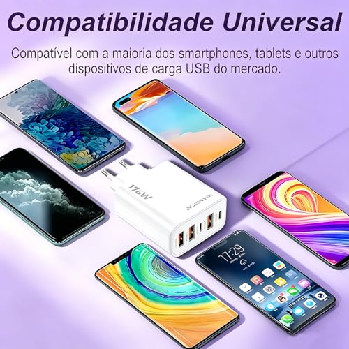 Carregador USB-C Turbo 176W Fonte Tipo C Carregador Celulares de Pared 5 Portas 3USB+2USB-C Universal Compatível com iPhone HUAWEI Samsung Xiaomi Redmi Motorola
