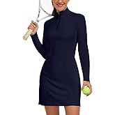WOWENY Women's Tennis Dress Long Sleeve Golf Dresses with Shorts Zip Front Golf Outfits UPF 50+ Workout Athletic Dresses
