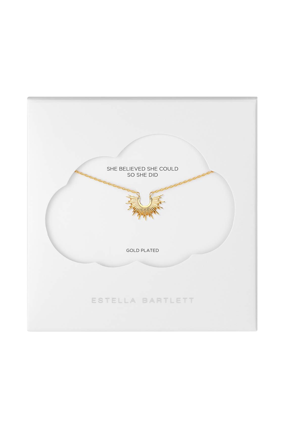 Estella Bartlett Half Sunburst 'She Believed She Could So She Did' Necklace – Gold Plated Sun Pendant for Women, Dainty Celestial Chain Jewellery, Minimalist Everyday Gift for Her