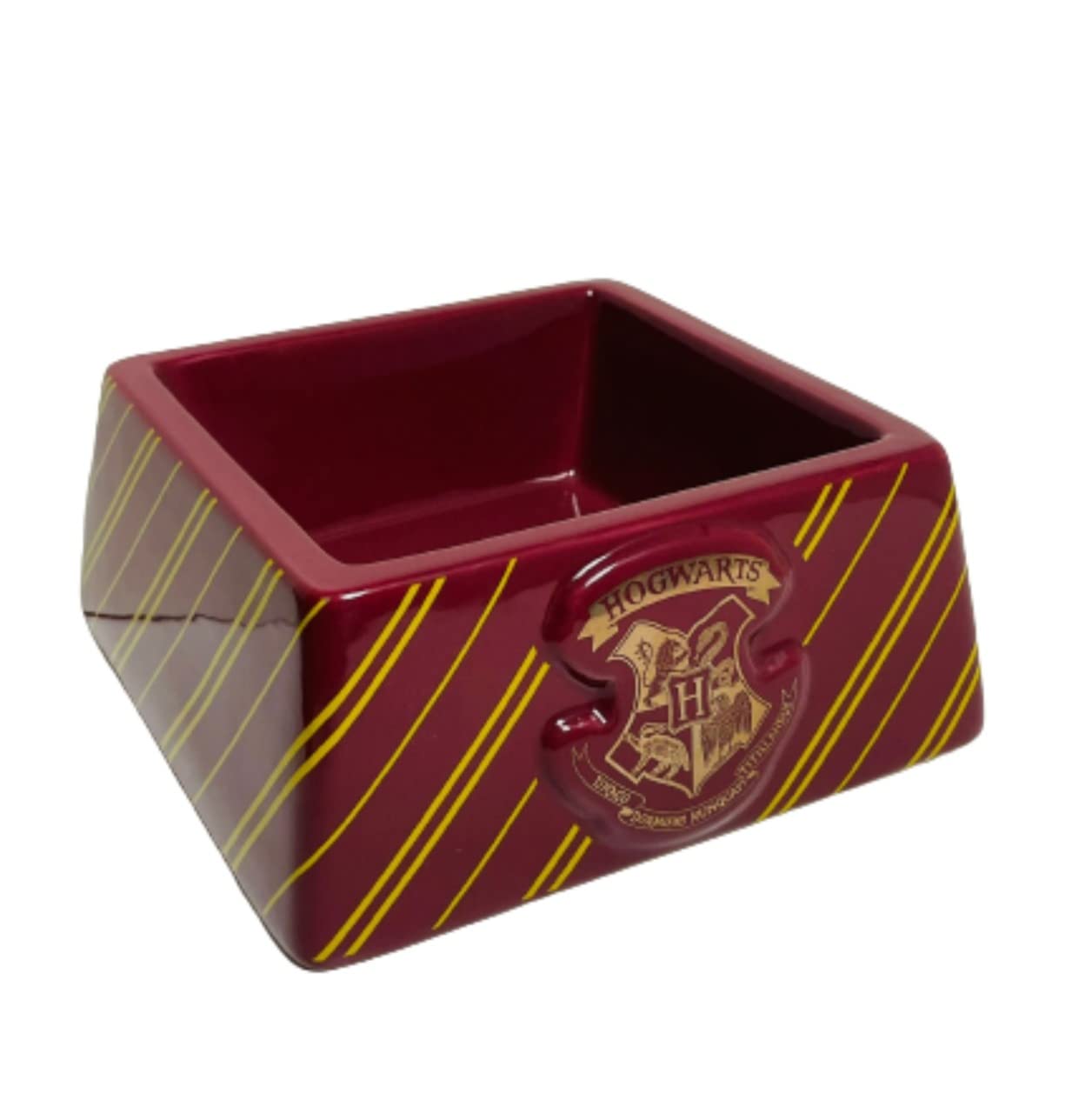 Harry Potter Pet Bowl Burgundy Yellow Striped Cat Dog Feeding Dish Gryffindor House Hogwarts Logo Square Design Fun Convenient Breakfast Mealtime Novelty Gift