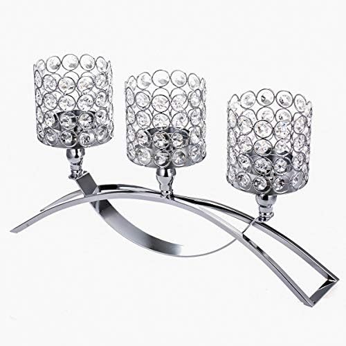ManChDa 3 Arms Crystal Gold Candle Holders Buffet Cabinet for Wedding Table Centerpieces Dining Room Gifts for Christmas Decoration Thanksgiving Gold Centerpieces for Table (Silver)