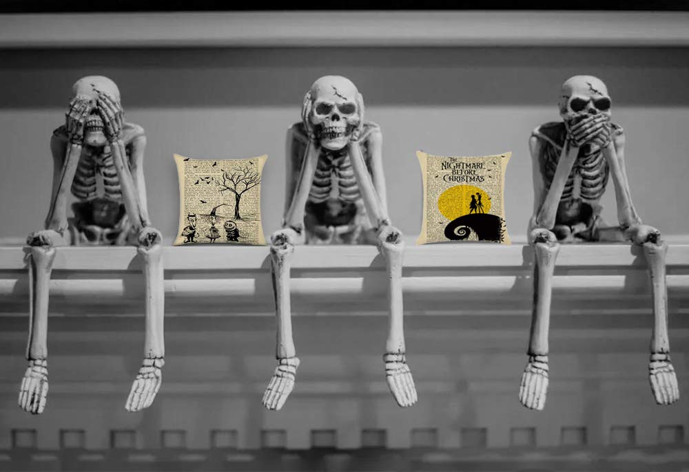 LoveHome Decor 4 Pack Halloween Decoration Series Throw Pillow Covers,Vintage Newspaper The Witcher Skull Pillow Case Cushion for Halloween Thanksgiving Christmas Autumn,Cotton Linen,18 x 18 inch