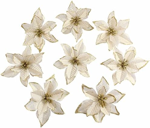 20pcs Gold Glitter Poinsettia Christmas Tree Ornaments Artificial Christmas Tree Decorations Event Party Supplies