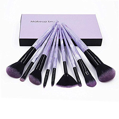 Ammiy Makeup Brushes Marble Texture Professional Makeup Brush Set Synthetic Foundation Kabuki Brushes for Blending Blush Eyeliner Face Powder Beauty Tool (9pcs, Purple, Resin Type Material Handle)