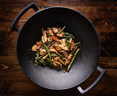 14-Inch Cast Iron Wok Set (Pre-Seasoned), Glass Lid & Silicone Hot Handle Holders