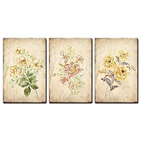 3 Panel Canvas Wall Art - Vintage Style White Pink and Yellow Flowers - Giclee Print Gallery Wrap Modern Home Art Ready to Hang - 16"x24" x 3 Panels