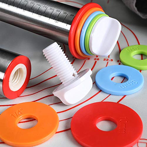 Rolling Pin and Silicone Dough Mat Set, Stainless Steel Dough Roller with 4 Removable Adjustable Thickness Rings, Rolling Pins for Baking Pizza Crust, Pie, Pastries, Pasta and Cookies