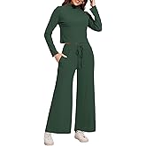 ROYLAMP Women Two Piece Outfits Mock Neck Long Sleeve Knit Crop Top Matching Sets Wide Leg Pants