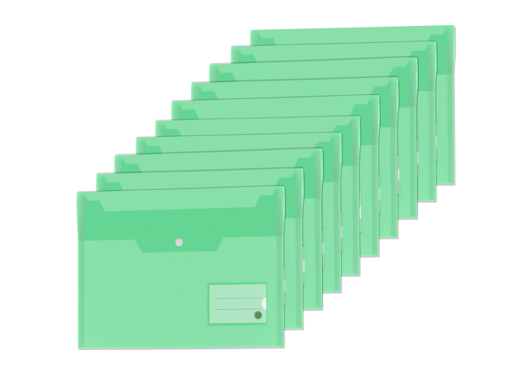 Vabe UK 10 Plastic Wallets – A4 Plastic folders with Label Pocket – Storing and Securing Student Paperwork Or Important Document for Home, School or Office Use. (10, Green)