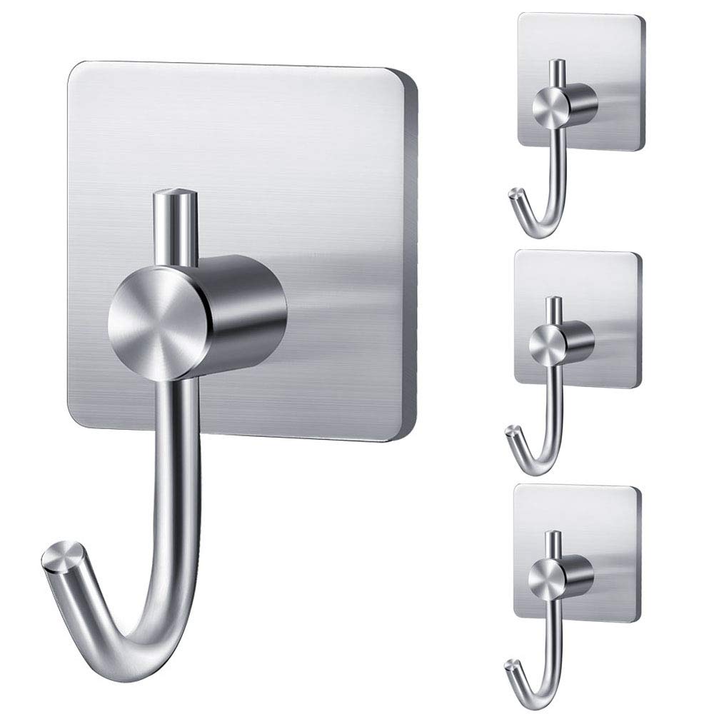 Lepidi 4 Pieces Waterproof Stainless Steel Hooks, Towel Robe Hook, Waterproof Stainless Steel Heavy Duty Wall Hooks for Hanging Coat, Hat, Towel Robe, Keys (Silver)