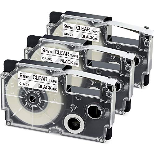 Aoimark 3 Pack Compatible Casio XR-9X XR-9X2S Black on Clear Label Tape Cassettes for Casio KL-120 KL-60 KL100 KL750 KL780 KL7000 Label Makers and More, 3/8 inch (9mm) x 26 feet (8m)