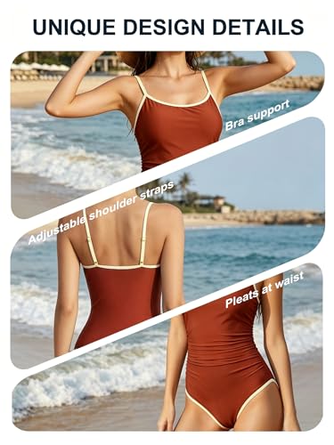 Woflebel Women's Swimsuit Tummy Reducer Flat Push Up Swimsuit Colour Block Swimsuit with Thin Straps S-XXL