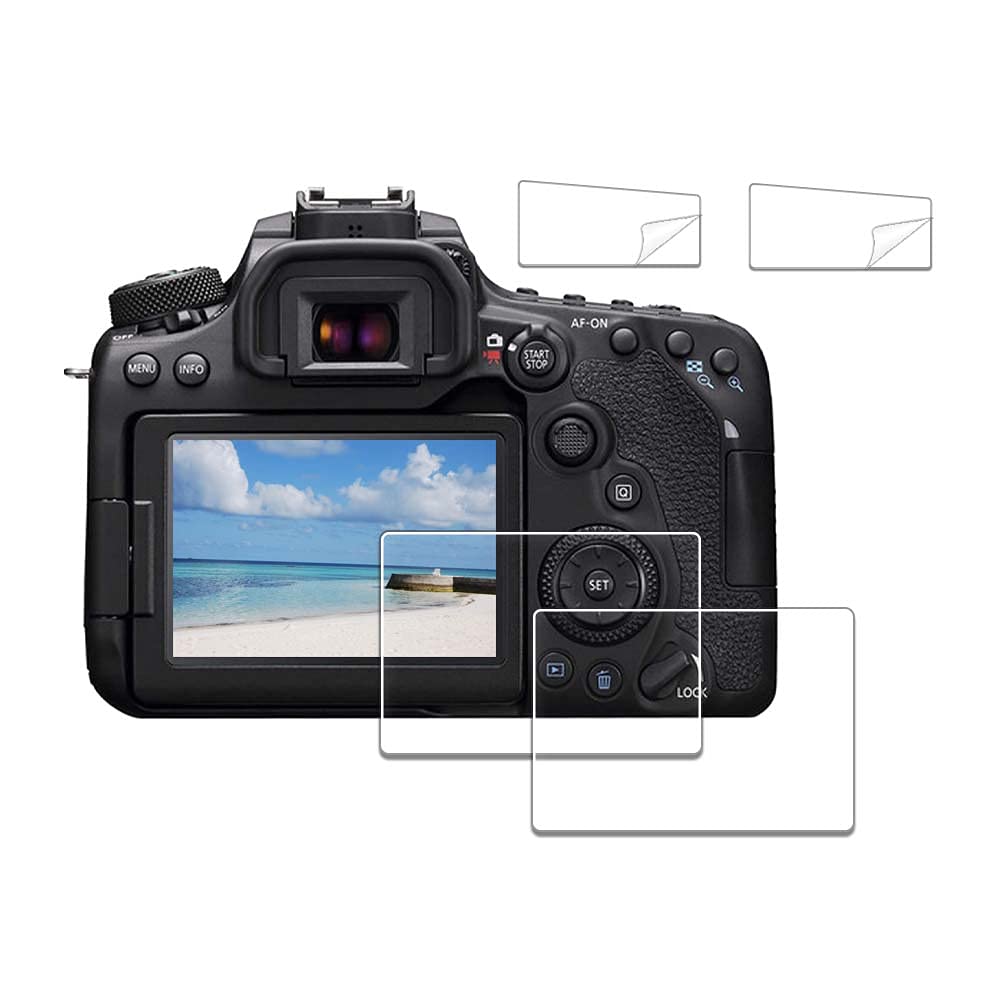 iDaPro Screen Protector for Canon EOS 70D 80D 90D + PET Top Screen Protector [2+2 Pack] Tempered Glass Easy Installation