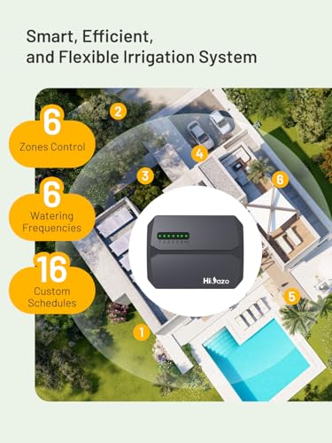 HiOazo WiFi Irrigation Control Unit 6 Zones 16 Irrigation Programs Smart Weather Jumps Water Calculation Manual Watering Control Unit for Garden Watering Greenhouse HSC-600W