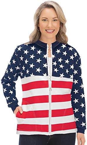 Mallory Lane Women's Ladies Patriotic USA Flag Zip Jacket with Crystal Accents &amp; Front Pockets, Medium