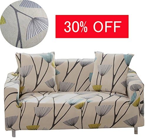 ENZER Stretch Sofa Slipcover Flower Bird Pattern Chari Loverseat Couch Cover Elastic Fabric Kids Pets Protector (4 Seater, Dandelion)