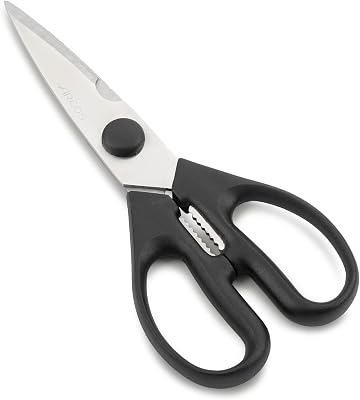Tesouras de cozinha de aço inoxidável Nitrum. 195 mm - 154 gr. Cabo ergonómico de polioximetileno POM. Série Prochef. Borda lisa e cabo elegante. Cor preta.