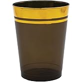 Party Essentials Disposable All-Purpose 10 oz Plastic Tumblers Drinking Cups for Wine/Sparking/Appetizer/Dessert, 50-Count, Semi-Transparent Black with Gold Rim