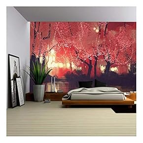 Night Scene of Autumn Forest,Fantasy Landscape Painting - Removable Wall Mural | Self-Adhesive Large Wallpaper - 66x96 inches