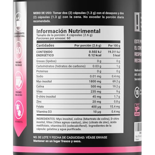 Myo y D Chiro Inositol 240 caps | Equilibrio Hormonal | 2600 mg por porción | Con Colina, Vitex, Metilfolato y Vitamina D3. Ingredientes Naturales. Inositol Blend Platinum. B Life.
