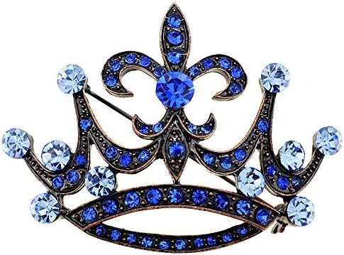Vintage Style Blue Fleur-De-Lis Crown Crystal Brooch Pin