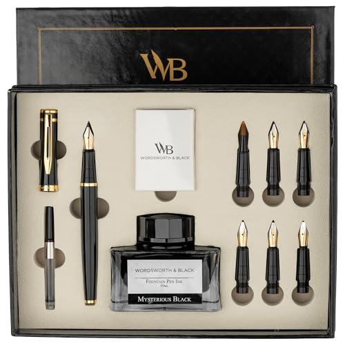 Wordsworth & Black Calligraphy Pen Gift Set, Includes Ink Bottle, 6 Ink Cartridges, Ink Refill Converter, 6 Replacement Tips, Premium Package [Black Gold]