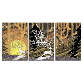 Canvas Wall Art Abstract Deer in Forest Painting Artwork for Home Prints Framed - 16"x24" x 3 Panels