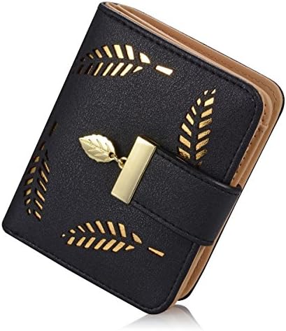 Women's Wallet Hollow Leaf Pattern Bifold Leather Lady Purse Coin Button Clutch Bag (Black-short)