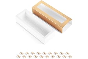 BAKIPACK 20 Truffle Boxes, Chocolate Boxes, Candy Boxes Packaging with 4-Piece Plastics Tray (Tray Size with 5.75x1.25 Inches), Pull Out Packing with Clear Window Sleeves, Gold
