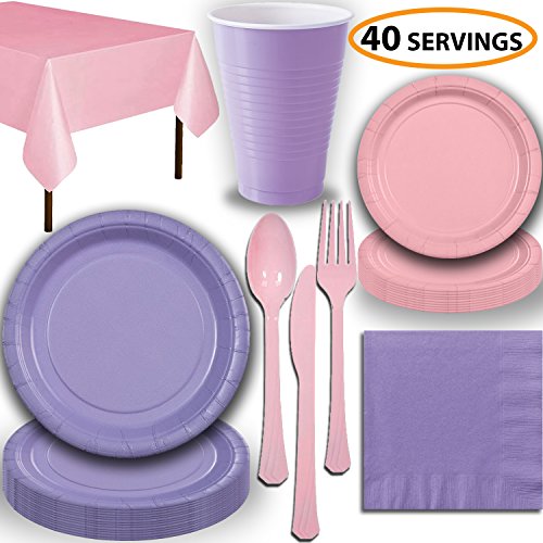 Disposable Party Supplies, Serves 40 - Lavender and Light Pink - Large and Small Paper Plates, 12 oz Plastic Cups, heavyweight Cutlery, Napkins, and Tablecloths. Full Two-Tone Tableware Set