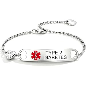 NanMuc Heart Medical Alert TYPE 1 DIABETES Bracelet for Women Emergency First Aid Health Alert Stainless Steel Adjustable Cha