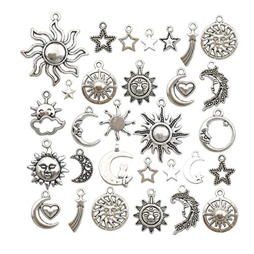 100g craft supplies mixed antique silver sun moon stars charms pendants for crafting, jewelry findings making accessory for diy necklace bracelet 