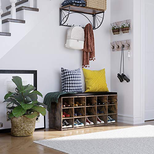 VASAGLE Banco Sapateira com Almofada, 15 Compartimentos, 105 x 30,3 x 48 cm, 1 Peça, para Hall de Entrada, Castanho Rústico e Nogueira, Custos BRLHS15BX