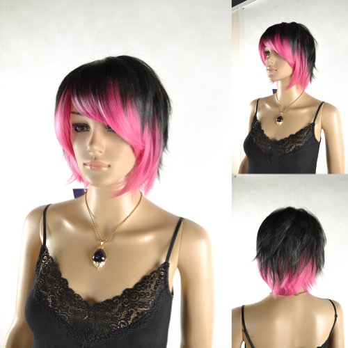 Paixpays Unisex Black Rose Pink Mixed Straight Cosplay Costume Full Hair wig