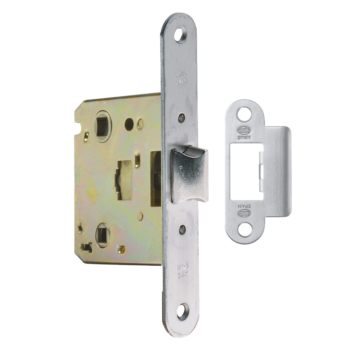 Amig - Unified Latch Model 2000 | for Wooden Passage Doors to Bathrooms, Kitchens or Rooms | Recessed Brass-Plated Steel Closure | Entry Size 50 mm | Round Edge Front | Screws Included | INOX Finish