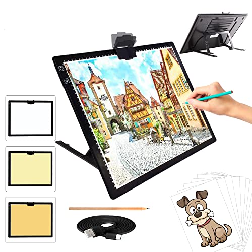 A3 Light Pad, Rechargeable Light Board for Diamond Painting, Tracing Light Box with Stand and Clip, Light Table Lightbox for Tracing, Drawing