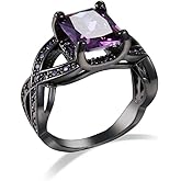 Ganquya Emerald Cut Purple Amethyst Cubic Zirconia Ring, Black Gold Plated Radiant Cut Eternity Engagement Wedding Jewelry Gifts for Women (US Size 8)