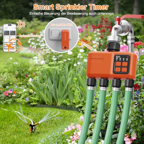 XinFuture Irrigation Computer WLAN 4 Outputs with 300 m RF, Strong Wall Penetration, Automatic Smart Watering Clock with APP/Voice Control, Irrigation System Rain Delay for Garden