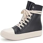 Kluolandi Women's High Top Sneakers Lace Up Canvas Shoes with Zipper Comfort Platform Walking Shoes in Black and White