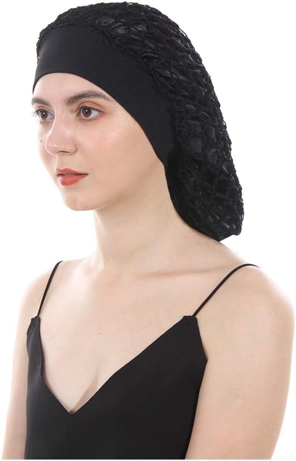 DuoZan Vintage Elastic Wide Band Snood Bonnet Double Layered Hair Net Night Sleep Hat Crocheted Slouchy Beanie