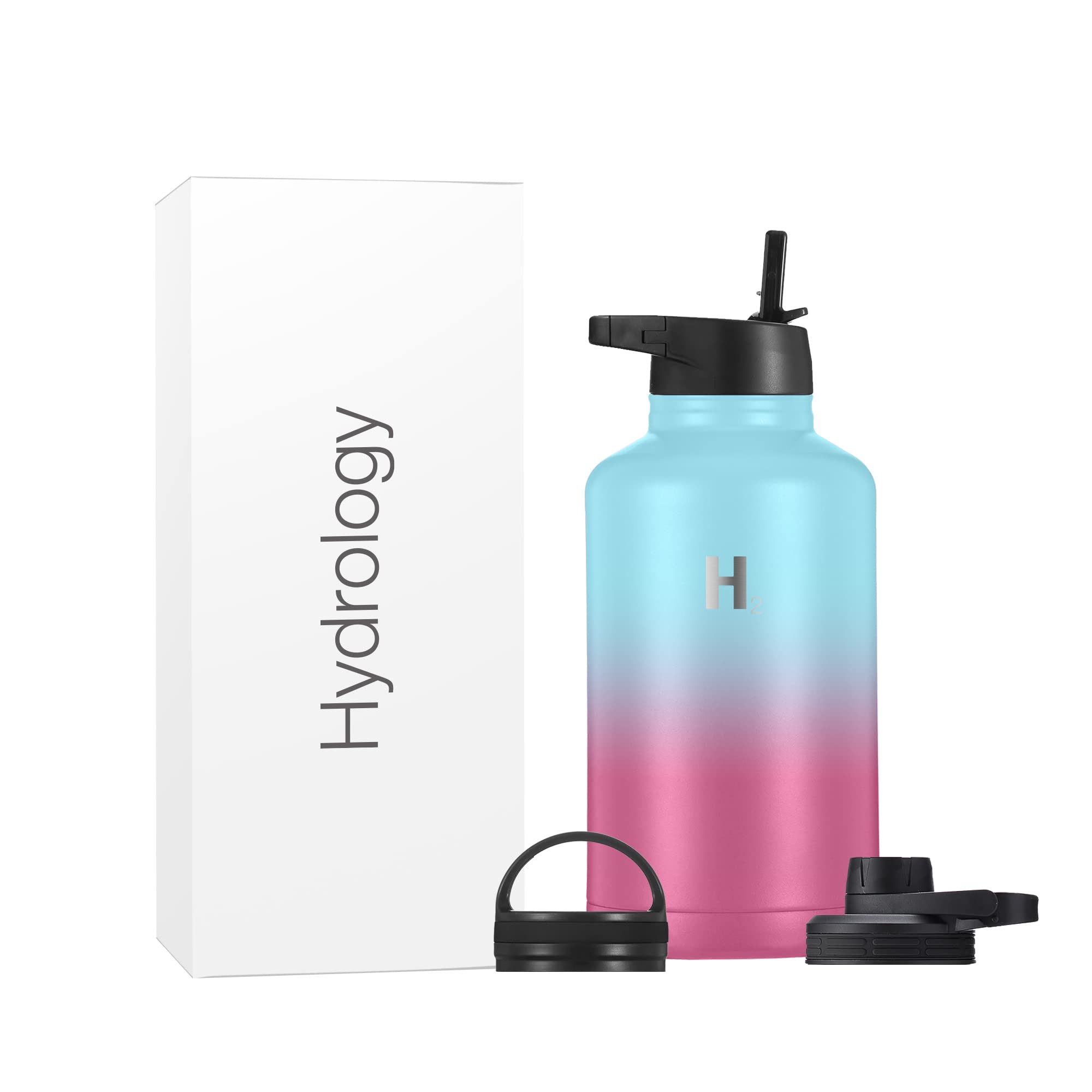 Photo 1 of H2 Hydrology Sport Water Bottle 3 LIDS (Straw Lid & Spout Lid) | Double Wall Vacuum Insulated Stainless Steel Wide Mouth | Sports Hot & Cold Leak Proof Sweat Free Thermos (64 oz, Rainbow Magic)