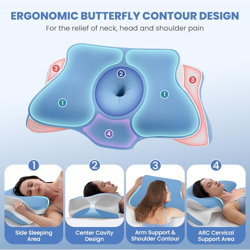 JINXIA Cervical Pillow for Sleeping, Memory Foam Pillow for Neck and Shoulder, Ergonomic Orthopedic Pillow, Side, Back & Stomach with Breathable Pillowcase, Blue