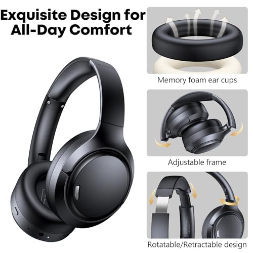 Hybrid Active Noise Cancelling Bluetooth 6.0 Headphones 120H Long Playtime, 6 ENC Mic, Over Ear Headphones Wireless, Hi-Res Audio, Memory Foam Earcup, Transparency Mode ANC Headphone for Travel Office