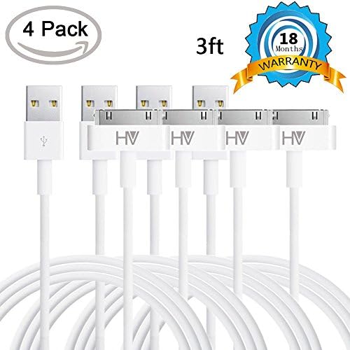 iPhones cable HV® 4 Packs x 3ft, 30 Pin Sync and Charge Dock Cable for iphone 4 /4S , ipad 1/ 2/ 3 , ipod Nano and iPod Touch – white color (18 Months Warranty)