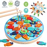 JCREN 30PCS Magnetic Letters Fishing Game Toddler Montessori Wooden Toy with 2 Magnet Fishing Rods for Girl Boy - Preschool Alphabet Magnet ABC Fish Catching Counting Board Games Education Math Toy